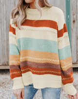 Natural, Blue & Rust Colorblock Stripe Crew Neck Sweater