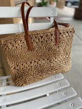 Tan Straw Beach Tote Bag w/Brown Straps & Zipper Closure