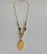 Long Gold Necklace w/Oval Gold Plates and Brown Wood Beads