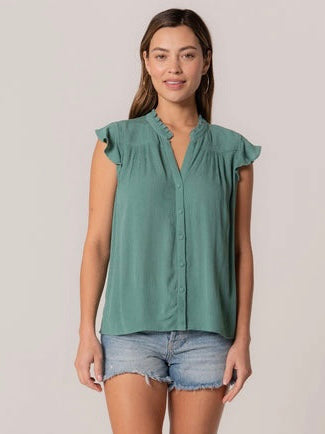 Seaglass Green Flutter Sleeve Button Down Blouse by Lovestitch