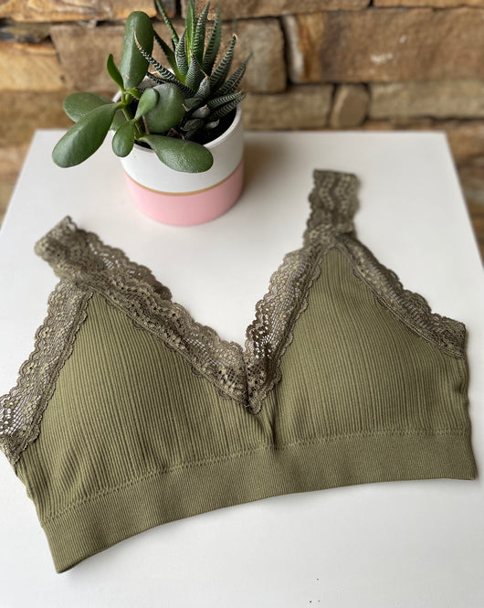 Olive Green Ribbed Bralette w/Lace Trim & Removable Padding