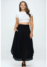 Black Textured Plus Size Midi Skirt with Smocked Waistband & Round Hem