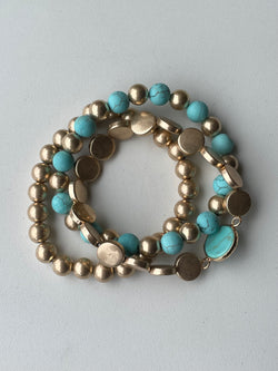 Turquoise & Gold Mixed Beaded Set of 3 Stretch Bracelets