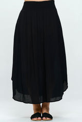 Black Textured Plus Size Midi Skirt with Smocked Waistband & Round Hem