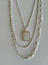 Silver Mixed Chains Layered Necklace w/Mother of Pearl Rectangle Stone Pendant