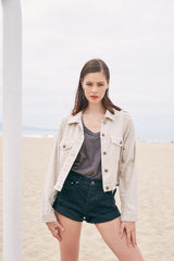 Bone Soft Denim Distressed Crop Jacket