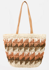 Neutral Tones Straw Braided Tote Bag w/Zipper & Inner Pockets