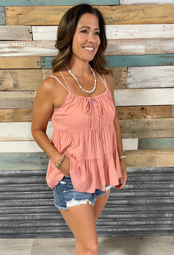 Sweet Melon Flowy Tank w/Crosshatch Adjustable Front Tie