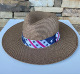 Natural Brown Sun Hat W/Stars & Stripes Band and Adjustable Fit