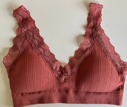 Rust Ribbed Bralette w/Lace Trim & Removable Padding