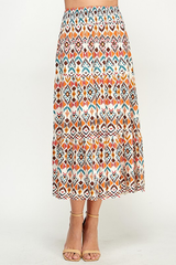 Multi-Color Boho Print Maxi Skirt W/Smocked Waist and Lining