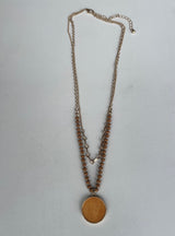 Brown Circle Pendant & Beaded Reversible Layered Gold Chain Necklace