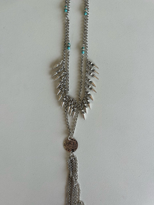 Goddess Antique Silver Layered Necklace w/Turquoise Beads