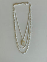 Silver Mixed Chains Layered Necklace w/Mother of Pearl Rectangle Stone Pendant