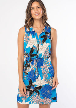 Turquoise, Black & Ivory Tropical Flower Button Up Short Tank Dress W/Front Tie by Lovestitch