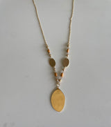 Long Gold Necklace w/Oval Gold Plates and Brown Wood Beads