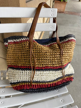 Natural, Red & Navy Stripe Straw Beach Bag w/Brown Straps & Zipper Closure