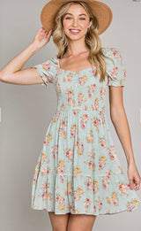 Seafoam Sweetheart Neck Puff Sleeve Pink Floral Mini Dress