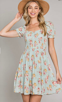 Seafoam Sweetheart Neck Puff Sleeve Pink Floral Mini Dress