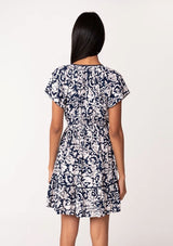 Navy & Natural Floral Short Sleeve Tassel Tie Tiered Dress by Lovestitch