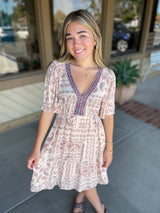 Faded Pink & Taupe Paisley V-Neck Dress w/Embroidery Detail & Pockets