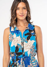 Turquoise, Black & Ivory Tropical Flower Button Up Short Tank Dress W/Front Tie by Lovestitch