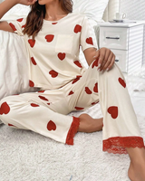 Queen of Hearts Ivory w/Red Hearts Pajama Pant Set & Lace Trim