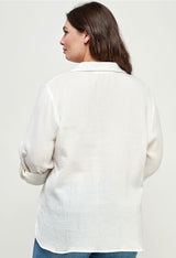 White Gauzy Button Down Plus Size Top w/Roll Up Sleeves & Front Pocket