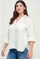 White Gauzy Button Down Plus Size Top w/Roll Up Sleeves & Front Pocket