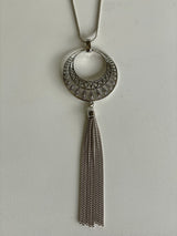 Long Silver Necklace w/Boho Round Pendant & Tassel Chains