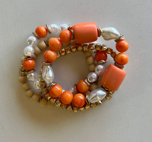 Orange & Gold Set of 4 Stretch Beaded Bracelets