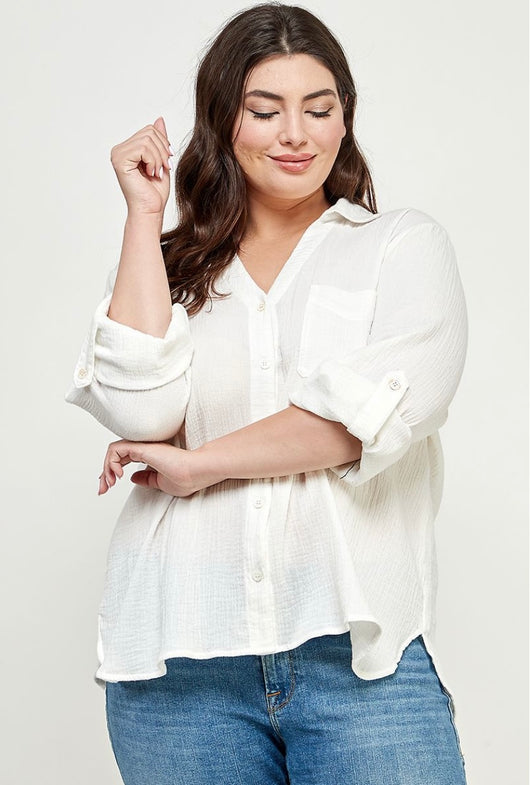 White Gauzy Button Down Plus Size Top w/Roll Up Sleeves & Front Pocket