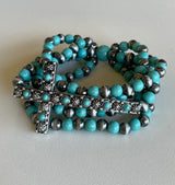 Silver & Turquoise Stretch Beaded Bracelets w/Cross