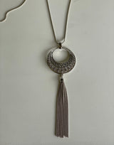 Long Silver Necklace w/Boho Round Pendant & Tassel Chains