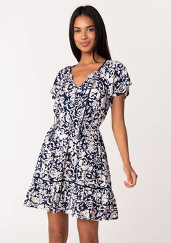 Navy & Natural Floral Short Sleeve Tassel Tie Tiered Dress by Lovestitch