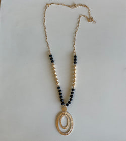 Satin Black & Gold Beaded Long Necklace w/Oval Pendant