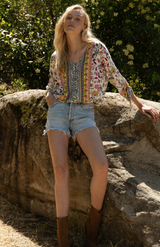 Vibrant Floral Print Boho V-Neck Blouse w/Tie 3/4 Sleeves