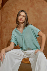 Light Teal Short Sleeve High Low Top w/Buttons on Back
