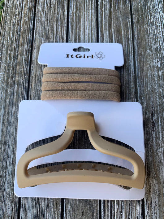 It Girl Taupe Hair Claw Clip & 4 Hair Ties