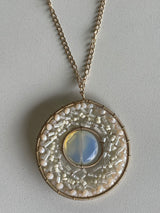 Boho Long Gold Opal Necklace w/Glass Seed Beaded Pendant