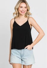 Black Pre-Washed Challis V-Neck Double Layered Cami Top