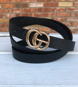 Thin Black Faux Leather “GO” Buckle Belts