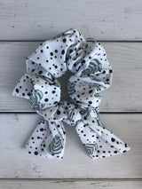 White & Green Leaf Print Top Knot Hair Scrunchie