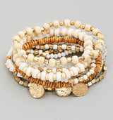 Natural & Teal Multi Bead and Coin Set of 9 Stretch Beaded Bracelets