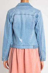 Light Blue Distressed Regular Stretch Fit Denim Jacket w/Pockets
