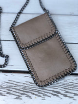 Taupe Soft Faux Suede Crossbody Purse with Flap Over Closure and Gun Metal Chain