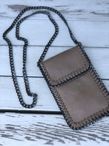 Taupe Soft Faux Suede Crossbody Purse with Flap Over Closure and Gun Metal Chain