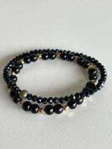 Handmade Set of 2 Beaded Bracelets - Sparkly Black Beads w/Brass Ball & Black & Gold Beaded Bracelet