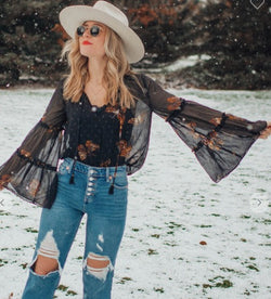 Flutter Bell Sleeve Sheer Boho Top w/Tie Neck & Ruffle Detail by Lovestitch