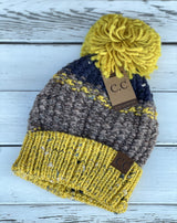 Mustard & Brown Multi-Stripe Beanie w/Pom Pom and Fur Lining